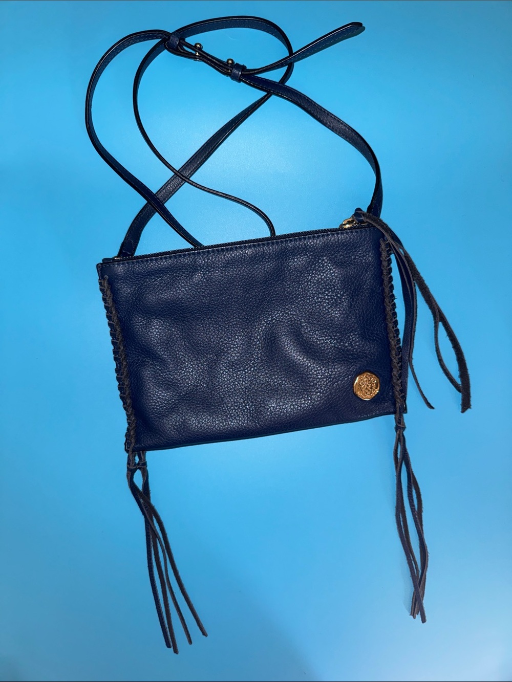 Vince Camuto Blue Leather Crossbody with Fringe and Braided Trim